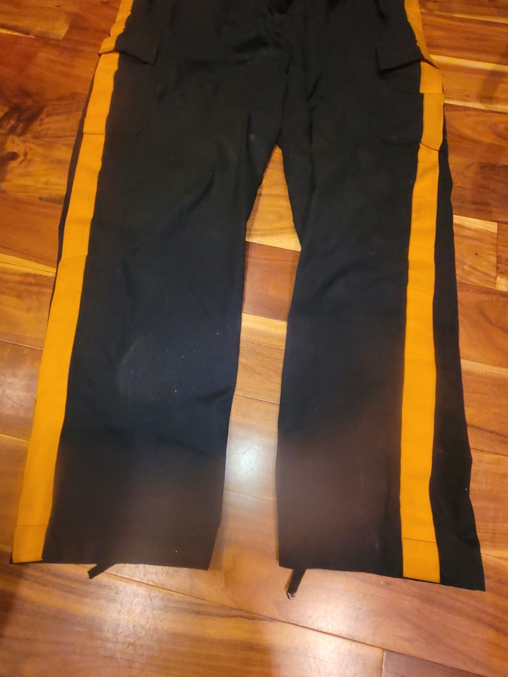 Men's Navy Blue Cargo Pants with 2 inch Yellow Side Stripes.